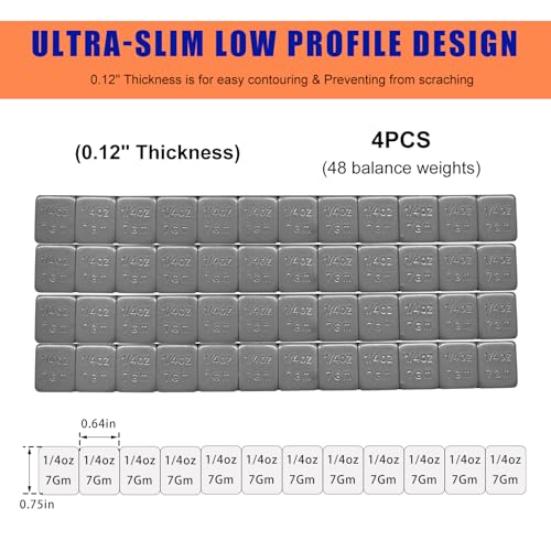 48PCS 1/4 Oz Adhesive Backed Wheel Weights, 0.25Oz Tire Balancing Wheel Weights with Strong Adhesive, EasyPeel Type Low Profile Tire Weight Strip Box for Car Truck SUV Motorcycle