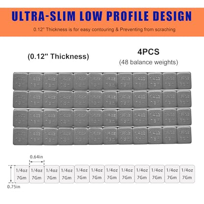 48PCS 1/4 Oz Adhesive Backed Wheel Weights, 0.25Oz Tire Balancing Wheel Weights with Strong Adhesive, EasyPeel Type Low Profile Tire Weight Strip Box for Car Truck SUV Motorcycle