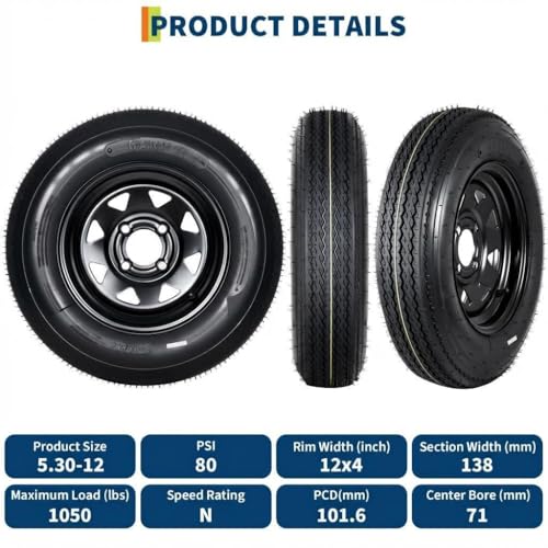 2-Pack 5.30-12 Trailer Tires with Rim, 6-Ply, 1050 LBS Load, 4 Lug on 4 in Bolt Pattern, 12x4 in Steel Wheel, Heavy-Duty All-Weather Tires for Utility, Boat Trailers - size: 5.30-12