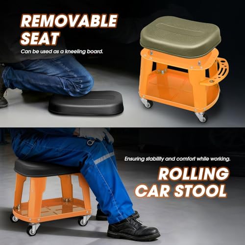 DNA MOTORING Removable Rolling Garage Stool with Seat Cushion & Tool Tray Plate, 300lbs Max Weight Capacity, Orange, TOOLS-00479-OG - color: Orange