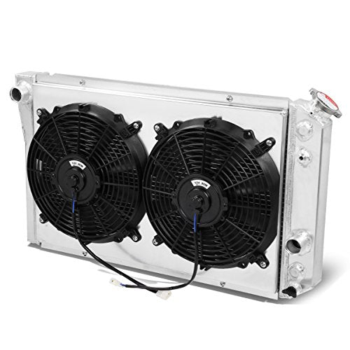 Auto Dynasty Aluminum Radiator Fan Shroud Assembly Compatible with Chevy Corvette 1984-1990 S10 S-10 Blazer V8 Conversion 1982-2002, 3-Row Aluminum Radiator with 12V Fan Shroud