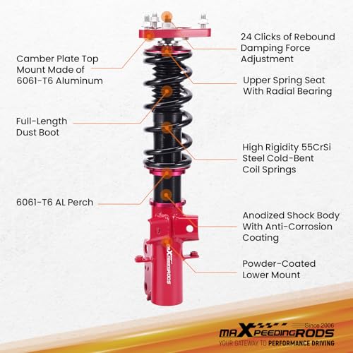 maXpeedingrods Coilovers for Ford Mustang S550 2015-2013, 24 Levels Damper Adjustable Coilovers Suspension Kit, Height Adjustable Shock Absorber Struts, Lowering Kit Red