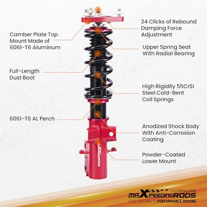 maXpeedingrods Coilovers for Ford Mustang S550 2015-2013, 24 Levels Damper Adjustable Coilovers Suspension Kit, Height Adjustable Shock Absorber Struts, Lowering Kit Red