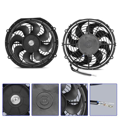 Universal 10-Inch Slim Electric Radiator Cooling Fan Kit – 12V 80W Push/Pull with Thermostat, Relay, Wiring Harness & Mounting Kit, Universal Fit – Black - size: 10 inch