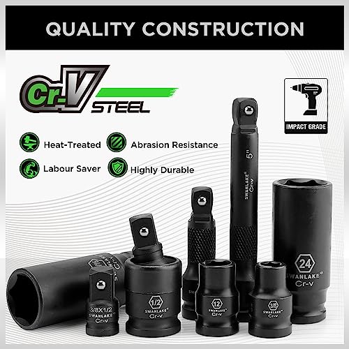 SWANLAKE 1/2" Drive Impact Socket Set, 66-Piece Standard SAE (3/8"-1-1/4") and Metric (8-24mm) Size, 6 Point, Cr-V, 1/2-Inch Drive Ratchet Handle, Extension Bar, Impact Universal Joint - style: 1/2'' 66PCS