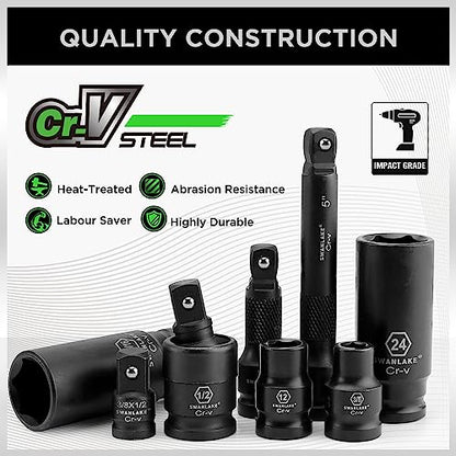 SWANLAKE 1/2" Drive Impact Socket Set, 66-Piece Standard SAE (3/8"-1-1/4") and Metric (8-24mm) Size, 6 Point, Cr-V, 1/2-Inch Drive Ratchet Handle, Extension Bar, Impact Universal Joint - style: 1/2'' 66PCS