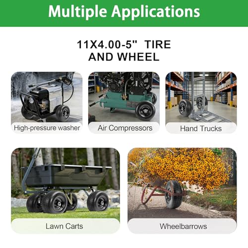 11x4.00-5 Flat Free Lawn Mower Tires and Wheel,Zero Turn Lawn Mower Replacement Tires,11x4-5 Solid Tractor Turf Tire with 3.4" Centered Hub, 3/4" & 5/8" & 1/2" Bushings (2-Pack) - size: 11x4-5 Flat Free Tire(Black Rim)