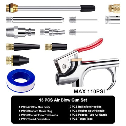13 Pcs 2-Way Connection Air Nozzle Blow Gun Set, 1/4-Inch NPT Quick Fitting - size: 13 Pcs Kit