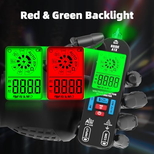 BSIDE Digital Multimeter Tester Rechargeable Electrical Voltmeter, Smart Mode with Red & Green Backlight, Measures Capacitance Diode Ohm Continuity V-Alert DC AC Voltage with Carrying Case - color: A1X with Bag
