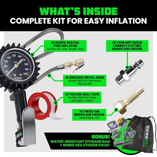 Rhino USA Tire Pressure Gauge with Inflator (0-100 PSI) - Braided Hose - style: 100psi Analog