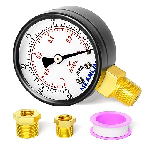 MEANLIN MEASURE -30inHG~0Psi Dry Vacuum Pressure Gauge, 2" DIAL FACE 1/4" NPT WOG Water Oil Air Pressure Test, Lower Mount, with 1/2" NPT and 3/8" NPT Hex Bushing - color: 1/4"NPT Lower Mount, size: -30inHG-0Psi