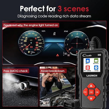 Check Engine Code Reader, LAUNCH Creader CR300 OBD2 Scanner Diagnostic Tool, Live Data Battery Voltage Test, Read Clear DTCs, I/M Readiness, for 1996+ Cars Trucks SUVs OBDII
