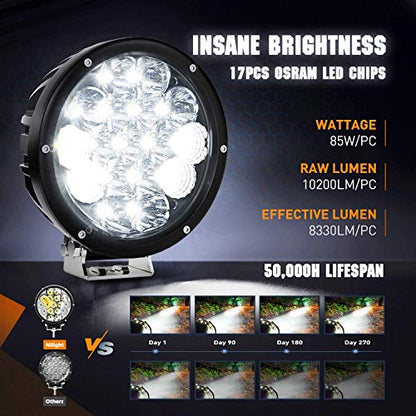 Nilight Pro Series 2PCS 7 Inch Round LED Driving Offroad Light 85W 10200LM - color: 2Pcs 85W 7Inch LED Light Kit