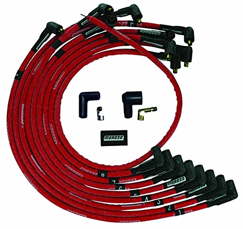 Moroso 52526 Ultra Series Red Sleeved Spark Plug Wires, Small Block Chevy, Over Valve Cover Routing, 90 Degree Plug Ends, Non HEI Distributor