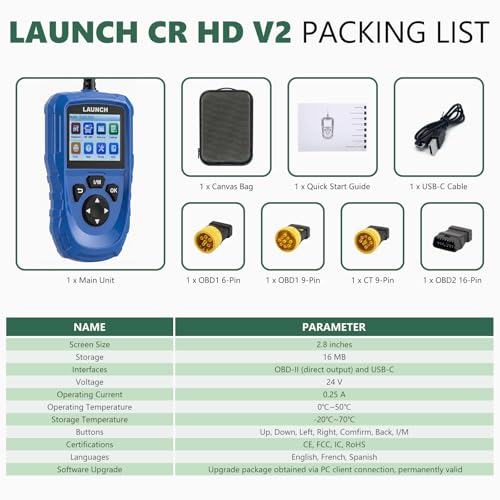 LAUNCH Creader HD V2 Heavy Duty Truck Diagnostic Scanner 2-in-1 HDOBD OBD-II EOBD Code Reader for Freightliner, for Paccar, for International, for Volvo, for Cummins, for Caterpillar HD OBD Scan Tool