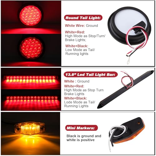4" Inch Round Led Trailer Tail Lights Kit w/25ft Wiring Harness