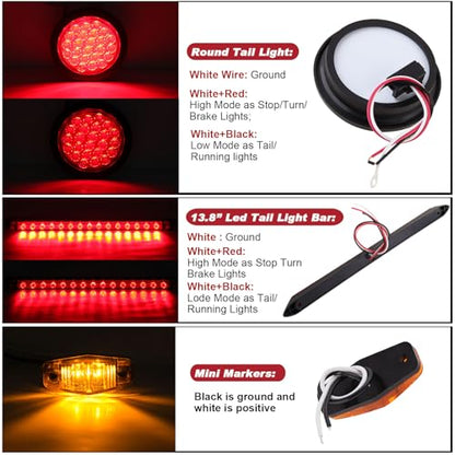 4" Inch Round Led Trailer Tail Lights Kit w/25ft Wiring Harness