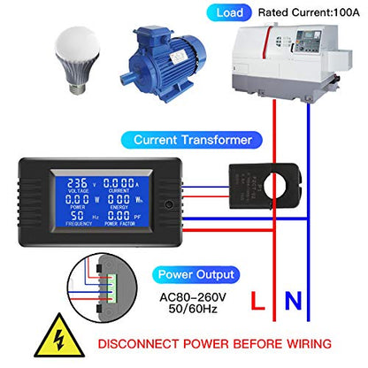 AC 80-260V 100A Digital Power Monitor, LCD, Split-Core CT, 2-Pack - style: 2 Pieces AC 100A Meter(Split Core Transformer)