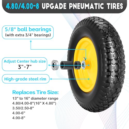 16" 4.80/4.00-8" Flat-Free Solid Wheelbarrow Wheel and Tire, 3"-7"Centered Hub with 5/8"&3/4" Bearings for Wheelbarrows Utility Cart Lawn Dollies - size: 16" 4.80/4.00-8