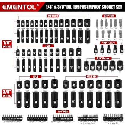 EMENTOL 189-Piece Impact Socket Set, 1/4" & 3/8" Drive Metric and SAE Sizes, CR-V Steel, Includes Deep & Shallow Sockets, Ratchets, Bits, Extensions, Spark Plug Socket & More, with Plastic Tool Case - size: 1/4" & 3/8" 189pcs