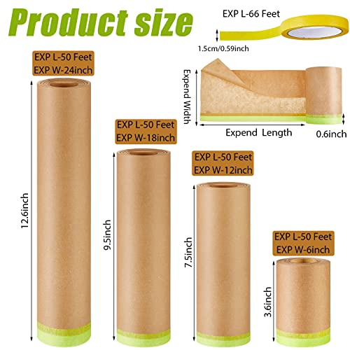 Leinuosen 8 Rolls Masking Tape Sets Includes 6 Assorted Sizes Paint Masking Paper and 2 Vehicles Auto Body Paint Tape Yellow Adhesive Painter Automotive for Car, Furniture, Floor