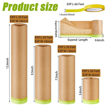 Leinuosen 8 Rolls Masking Tape Sets Includes 6 Assorted Sizes Paint Masking Paper and 2 Vehicles Auto Body Paint Tape Yellow Adhesive Painter Automotive for Car, Furniture, Floor