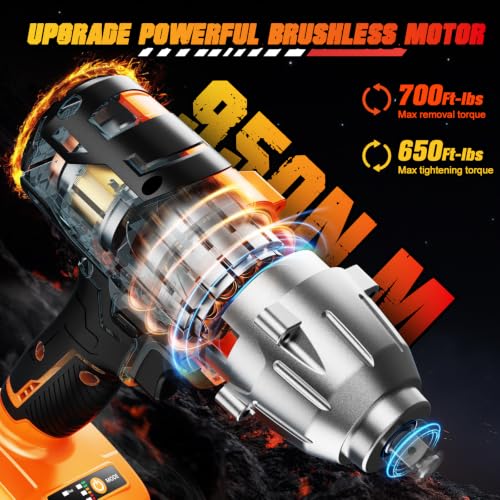 Cordless Impact Wrench 700 FT-LBS(950N.m) 1/2 Impact Gun High Torque Electric Impact Driver Cordless Impact Wrench with 21V 2x4.0Ah Battery 6 Sockets&Case for Home Car Tire Lug Nut Removal Tool