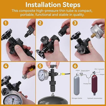 Hydraulic Nitrogen Accumulator Charging Kit, Nitrogen Fill Kit, Nitrogen Pressure Test System with 7 Couplings, 3 Gauges(1500PSI /4000PSI/ 6000PSI), and 1 Gas Hose (3 Gauges) - size: 3 Gauges 7 Couplings