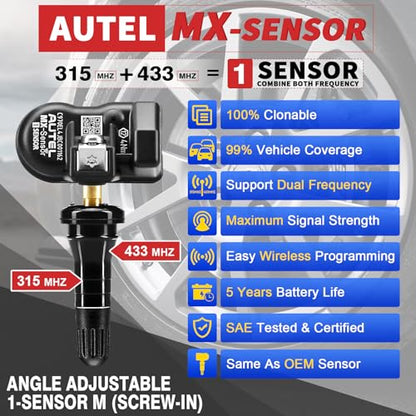 Autel TPMS Sensor Universal 1 Sensor with Dual Frequency (315MHz + 433MHz), Tire Pressure Monitoring Sensor Replacement for 99% Vehicles, Programmable by Autel TPMS Tool (Rubber Valve)