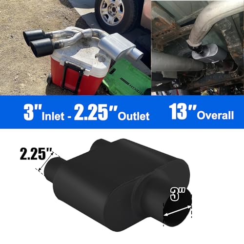 Universal Mufflers,Performance Automotive Exhaust Muffler, Single Chamber 3" (ID) center in 2.25" (ID) dual out (Black) - color: Black