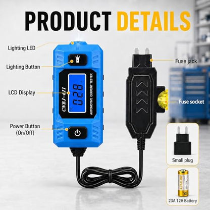 Automotive Circuit Fault Probe Tester, 20A 48V Parasitic Battery Drain Tester for Car Fuse Circuits, Inline Current Monitor with Digital Display, LED Work Light, Mini & Standard Blade Fuse Compatible