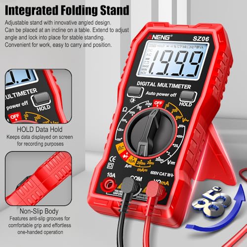 Digital Multimeter Voltage Tester, TRMS 2000 Counts Volt Meter; Fast and Accurately Measures AC/DC Voltage & Current, Resistance, Diode, Continuity and NCV - Red