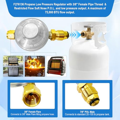 F276136 Propane Regulator–Low Pressure Propane Tank Regulator with POL & 3/8" Female Pipe Thread, Leak-Free Connection for BBQ Grills,Fire Pits,Heaters,RVs,Campers or Low Pressure Equipment. - size: F276136 Propane Regulator
