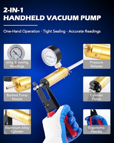OMT One-Man Brake Bleeding Kit with Hand Vacuum Pump and Dial Gauge, Blue - color: Blue