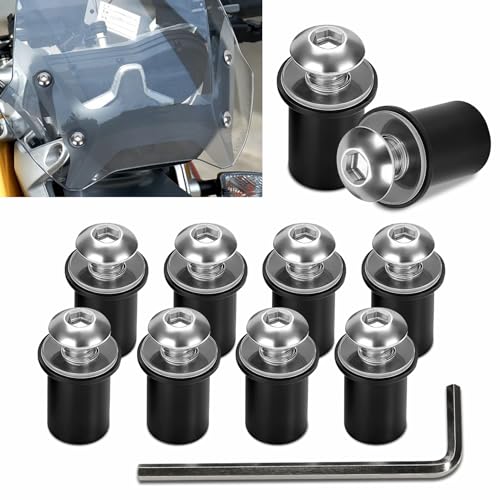 10PCS Motorcycle Windshield Bolts Screws Kit, Windshield Bolt, Windscreen Body Mounting Bolts Nuts Washers with Wrench, Aluminum Alloy Motorbike Windscreen Body Fasteners for Cars (Silver) - color: Silver