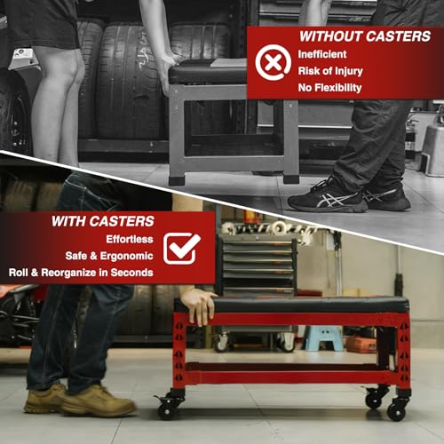 3-in-1 Rolling Garage Bench Seat with Creeper Pad,Storage (Red)