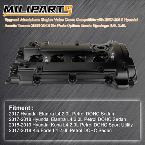 Upgread Aluminum Engine Valve Cover Compatible with 2017-2019 Hyundai Elantra Kona Kia Forte 2.0L L4 Replace 224102E700