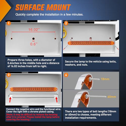 Nilight LED Tail Light 17" Amber Running Turn Signal Lights W/Chrome Bezel - color: 2Pcs 17" Amber 40LED w/chrome bezel