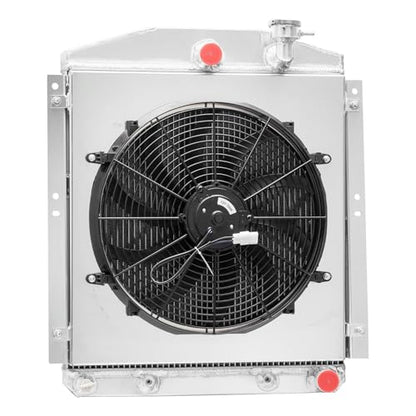 4 Row High Flow Aluminum Radiator with Shroud Fan, 63mm Core High Performance Upgraded Downflow for 1948-1954 Chevy/GMC Truck, All Aluminum Racing Spec Cooling Radiator, OE 4854 CC4854 CU4854