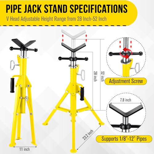 2PCS Pipe Jack Stand, Heavy Duty Pipe Stand, 2500LB Jack Stands Carbon Steel with Portable Folding Legs 28-52 Inch Height Adjustable 1/8"-12" Capacity - color: Yellow | 2PCS