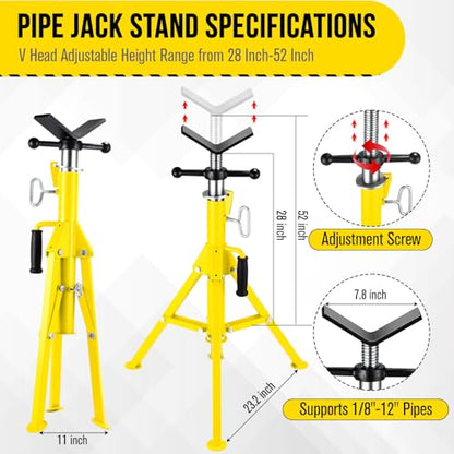 2PCS Pipe Jack Stand, Heavy Duty Pipe Stand, 2500LB Jack Stands Carbon Steel with Portable Folding Legs 28-52 Inch Height Adjustable 1/8"-12" Capacity - color: Yellow | 2PCS