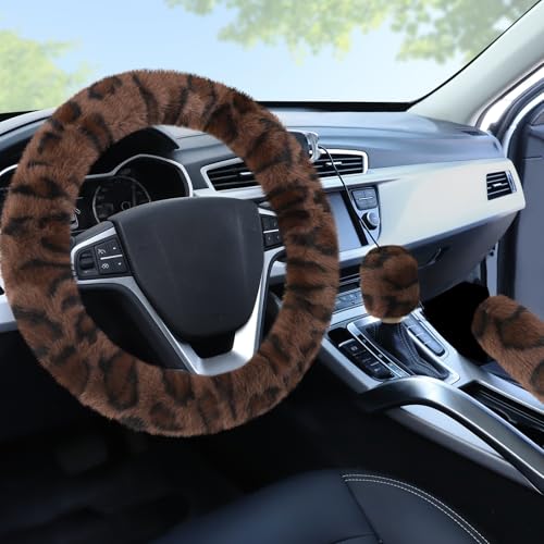 Accmor Fuzzy Car Steering Wheel Cover, Universal Fit Fur Auto Wheel Cover & Handbrake Cover & Gear Shift Cover Set, Fashion Leopard Fluffy Steering Wheel Protector Car Accessories for Men Women - color: Dark Brown/Dark Brown Leopard