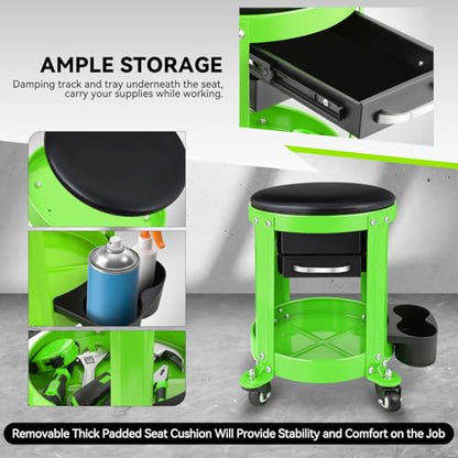 Auto Dynasty Mechanic Stool Chair w/Tool Tray & Rotatable Seat, Green - color: Green