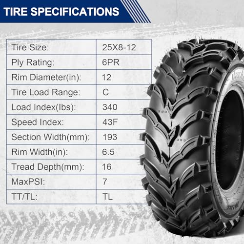 MaxAuto Set of 2 25x8-12 ATV UTV Tires,25x8x12 Mud Trail Tires, 6Ply, Tubeless