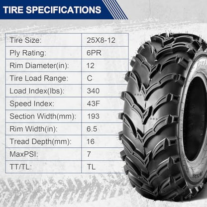 MaxAuto Set of 2 25x8-12 ATV UTV Tires,25x8x12 Mud Trail Tires, 6Ply, Tubeless