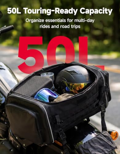 KEMIMOTO Motorcycle Travel Luggage Bags, Expandable Large Capacity Motorcycle Tail Bag, Waterproof Rear Rack Trunk, Motor Pannier Bag with Rain Cover and Straps 50L - size: 50L
