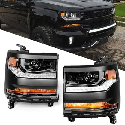FIONE HID Headlights Compatible with Chevy Silverado 1500 2016-2018/2019 Silverado 1500 LD W/O Bulbs Black Housing Headlamp Left Driver+Right Passenger Side - color: Black, size: PA(Driver&Passenger)