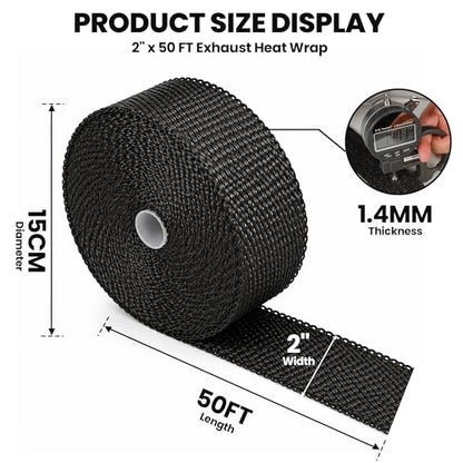 Exhaust Heat Wrap 2" x 50 FT, Titanium Header Wrap with 12 Steel Ties