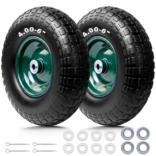 Storystore 2-Pack 4.00-6 Flat Free Tire and Wheel - 13" Wheelbarrow Tires with 5/8" or 3/4" Bearings, 1.75" Centered Hub Heavy Duty Solid Tire for Wheelbarrows, Dolly, Hand Trucks, Wagon and Trailer - size: 13Inch / 2Pack / Green