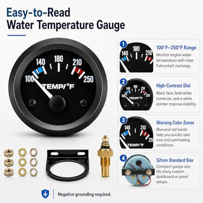 Universal 2" 52mm Water Temp Gauge, White